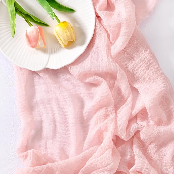 Socomi 3pcs Pink Gauze Valentine's Day Cheesecloth Table Runner Blush 120 Inch Rustic Boho Cheese Cloth Runner for Wedding Party Baby Bridal Shower Centerpiece Decoration Holiday Home Decorations