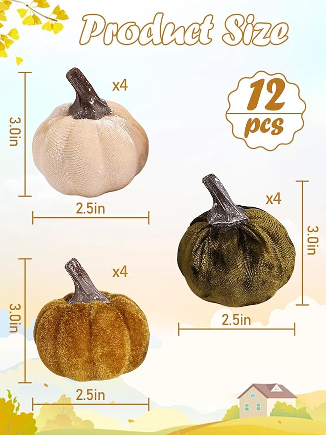 12pcs Fall Pumpkins Decor Set,Artificial Mini Pumpkins for Decorating, Velvet Mixed Fall Pumpkin Decor for Halloween Thanksgiving Harvest Table Centerpieces (Olive Green&Dark Green&Cream)