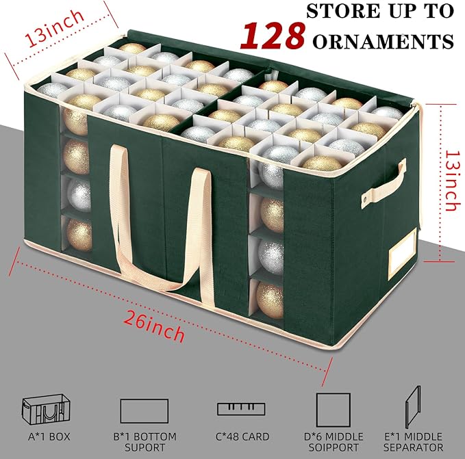 JY COOKMENT Christmas Ornament Storage Box with Adjustable Dividers and Side Pockets, Large Ornaments Storage Container Bin with Zippered Top for Xmas Decorations (128-3" Balls, Green, Without Tray)