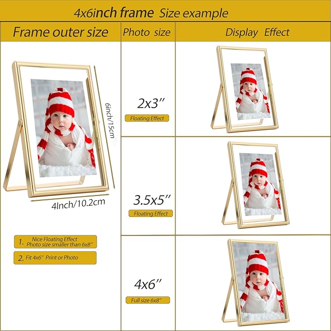 Gold 4x6" Floating Picture Frame for Photo(2x3'',3.5x5''),Adjustable Tabletop/Shelf,Floating Picture Frames 2x3'',Classy Metal Gift Frames for Wedding,Thanksgiving,Christmas