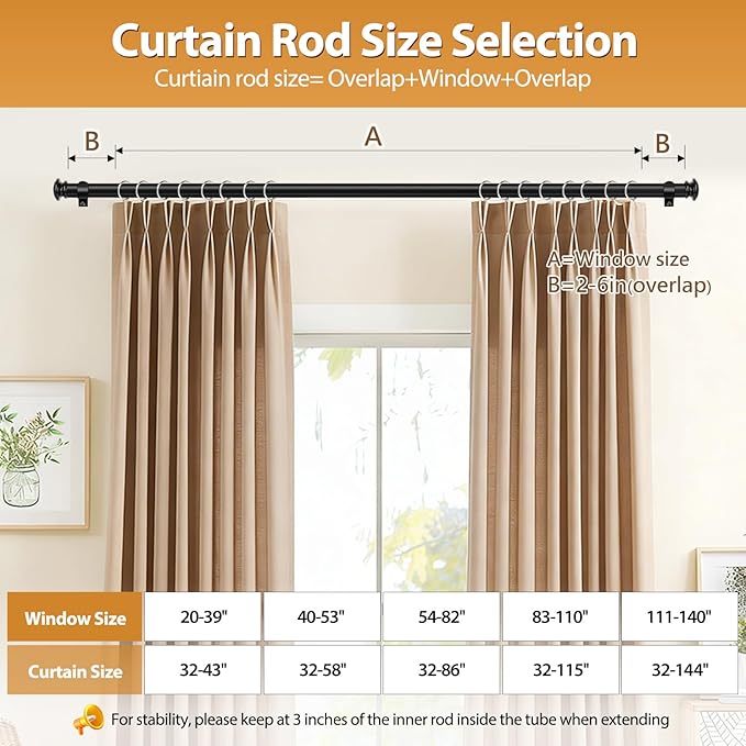 TONIAL Curtain Rod 32 to 115 Inch(2.6-9.6ft), Telescoping Splicing Drapery Rods for Windows 83 to 110 Inch(6.9-9.1ft), Decorative 3/4 Single Rod with Small Cap Finial, Black