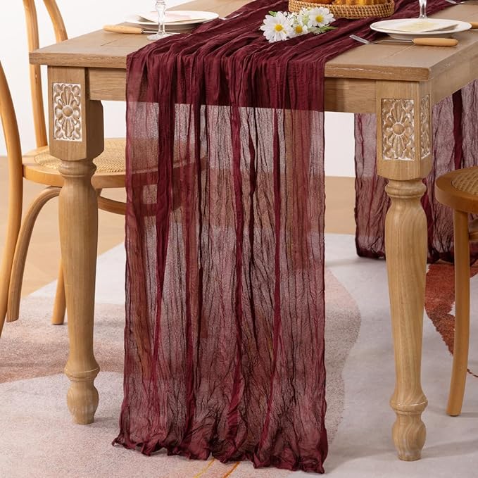 MLMC Burgundy Red Valentines Table Runner 10ft Wine Red Cheesecloth Table Runner Sheer Gauze Cheese Cloth Centerpiece 35x120 Inches for Wedding Bridal Shower Anniversary Valentine's Day Events Decor