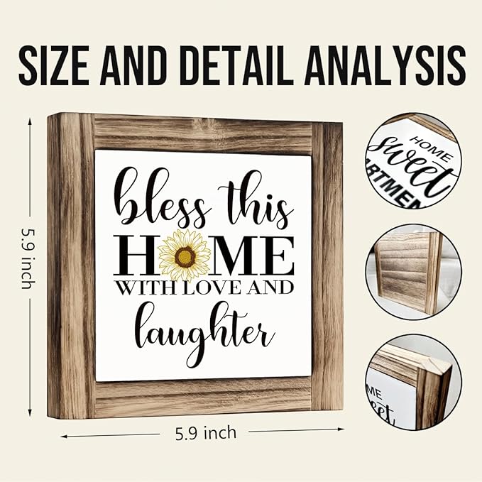 Inspirational Home Signs, Decorative Wooden Box Signs, Farmhouse Desk Sign Decor, Christian Homes Decor, Living Room Decors, Bless This Home with Love and Laughter Sign, 5.9×5.9 inches