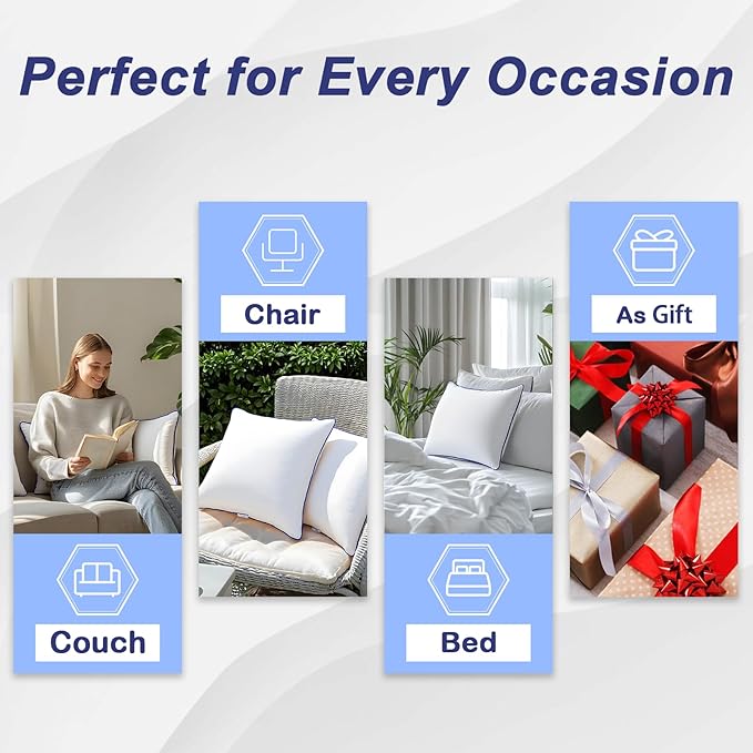 18x18 Pillow Inserts Set of 2, Hypoallergenic Soft Machine Washable Fluffy Virgin Polyester Premium Throw Pillow Stuffer, Decorative Cushion for Bed, Couch, Sofa - White