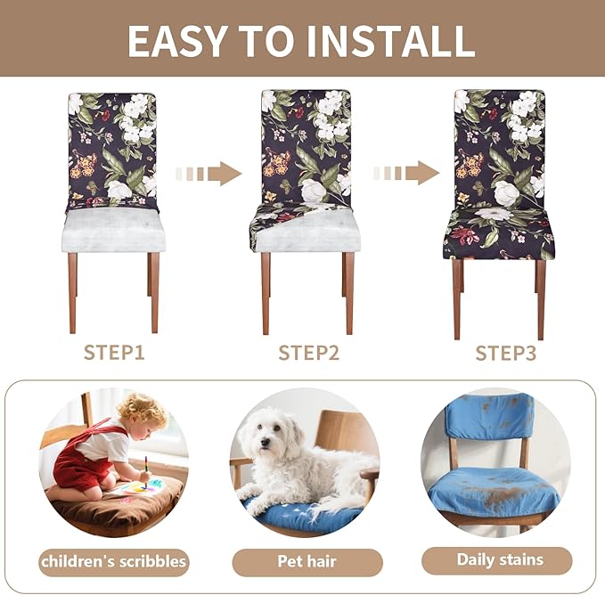Stretch Dining Chair Covers Set of 6,Floral Print Chair Covers,Soft Removable Washable,Pet Friendly Furniture Protector,Universal Chair Slipcovers for Home, Kitchen,Ceremony Dining Room Seat