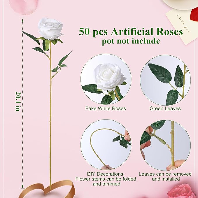 HyeFlora 50 PCS White Roses Artificial Flowers, Fake Roses with Stems Realistic Silk Roses for DIY Wedding Bouquets Tables Centerpieces Arrangements Party Baby Shower Birthday Home Decor Gift for Her