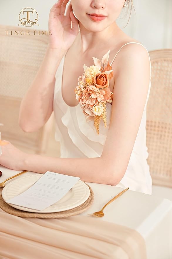 TINGE TIME 2pcs Wedding Shoulder Corsages Artificial Flowers Terracotta Cream, Mother of The Bride/Groom Corsage for Fall Wedding, Homecoming, Prom, Anniversary & Formal Dinner Party