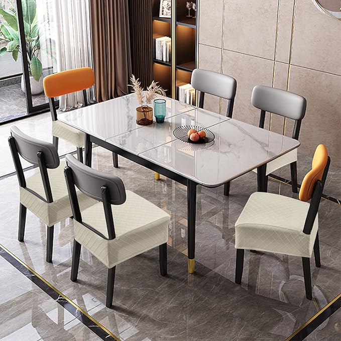 Genina Waterproof Seat Covers for Chairs,Set of 6 Dining Room Chair Seat Covers for Kitchen,Stretch Jacquard Removable Washable Dining Chair Slipcovers Protectors,No Rear Covers, Beige
