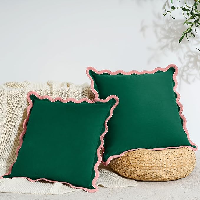 MONDAY MOOSE Decorative Throw Pillow Covers Cushion Cases, Set of 2 Soft Velvet Scalloped Wavy Edge Designs, Mix and Match for Home Decor, Pillow Inserts Not Included (22x22 inch, Pink/Green)