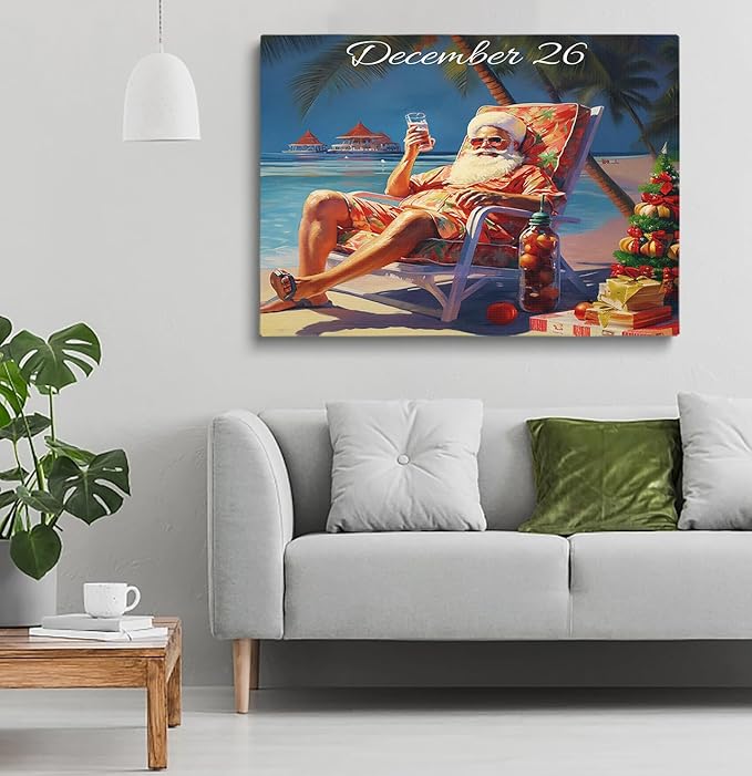 Tropical Christmas Art Print: December 26 Santa Relaxing On The Beach, Wall Art, Santa Claus Picture, Holiday Home Decor, Christmas Decor For Office, Bedroom, Living Room - Framed Art, 16x20 Inch