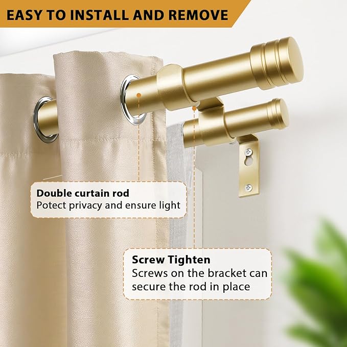 TONIAL1 Inch Double Curtain Rods 36 to 72 Inch (3 to 6 ft), Heavy Duty Decorative Drapery Rod for Windows 24 to 68 Inch (6 to 5.7 ft) with Classic Cap Finial, Gold