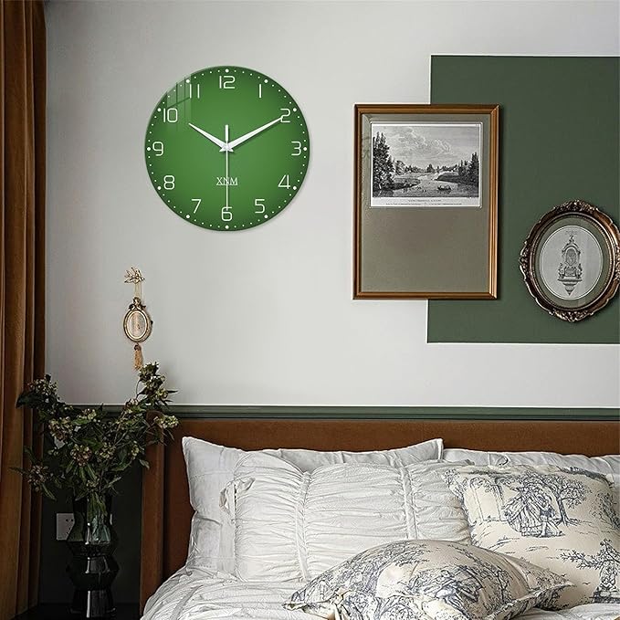 XNM Bedroom Clock Battery Operated Glass Minimalist Green Wall Clock 12 Inch Round Small Wall Clock Silent Non Ticking