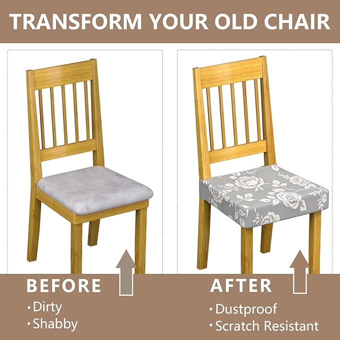 Stretch Dining Chair Seat Covers Set of 4,Dining Chair Slipcovers, Floral Printed Chair Covers,Soft Fabric Washable Upholstered Chair Seat Protector, No Rear Covers for Home Kitchen Dining Room
