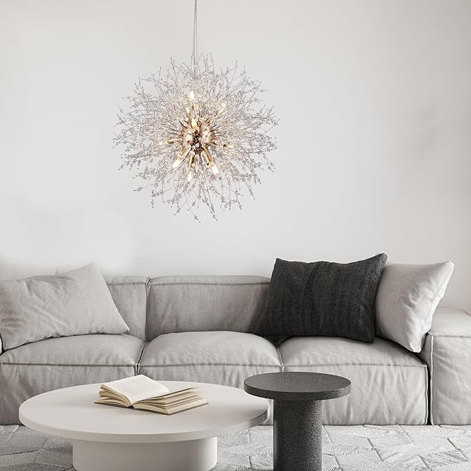 9-Light Gold Crystal Chandeliers, Modern Dandelion Hanging Light, Small Round Lamp, Sputnik Beaded Pendant Lights for Farmhouse Bedroom Dining Room Living Room Kitchen Island (Gold, D19.6inch)