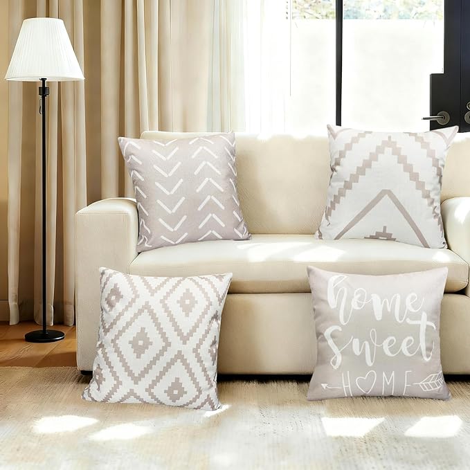 Decorative Throw Pillow Covers 16x16 inch Set of 4 Light Khaki Pillow Covers for Couch Sofa Living Room,Farmhouse Outdoor Throw Pillow Cover,Modern Geometric Linen Square Throw Pillow Cases