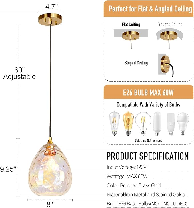 Gold Pendant Lighting with Stained Hammered Glass Shade, 1-Light Art Deco Hanging Lamp for Kitchen Island, Dining Room, Bedroom (Colorful Glass Shade)