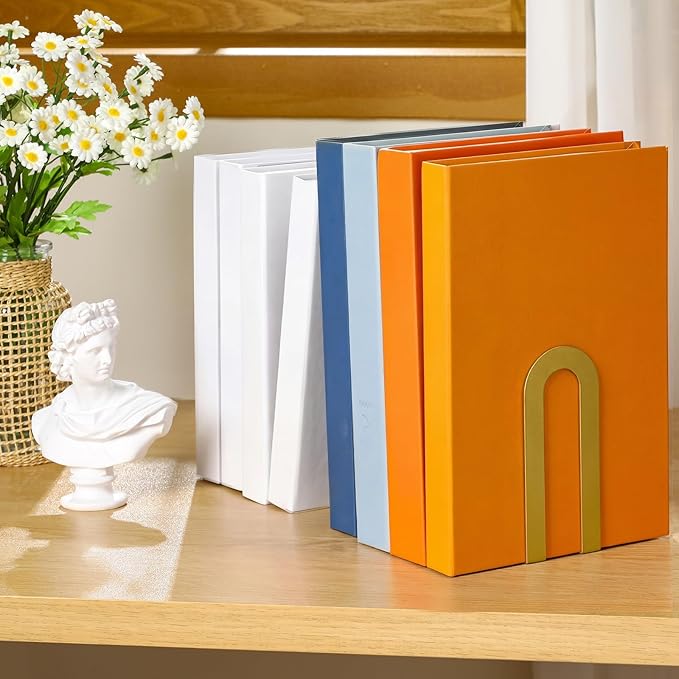 Chunful 12 Pcs Modern Metal Book Ends for Shelves Decorative Small Bookends Book Shelf Organizer Minimalist Design Stopper to Hold Books for Home Office (Gold,5.5 * 3.75 * 2.25inch)