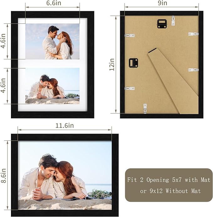 9x12 Picture Frame - 9 x 12 Photo Frame Made of Solid Oak Wood and Real Glass,Display Picture 2 Opening 5x7 with Mat or 9x12 Without Mat for Wall & Tabletop(Color Black)