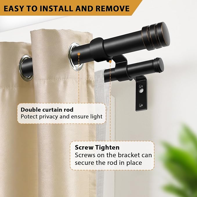 TONIAL1 Inch Double Curtain Rods for Windows 66 to 120 Inches, Heavy Duty Decorative Drapery Rod 32 to 144 Inches with Classic Cap Finial, Black