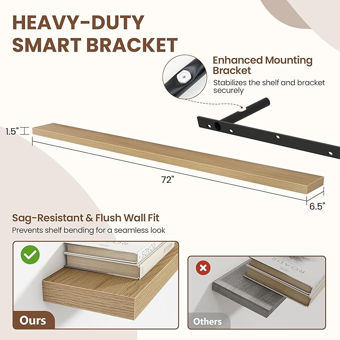 72 Inch Floating Shelves for Wall 2 Pack, 72" Wall Shelves for Books, Storage, Decor, Wall Mounted Floating Shelf with Invisible Brackets for Kitchen, Living Room, Oak