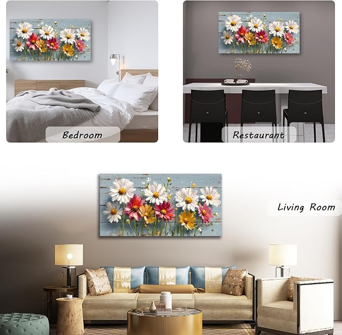 KZKU Rustic Daisy Floral Canvas Wall Art-White Pink Yellow Flowers on Blue Wood Background- Large Modern Farmhouse Decor for Living Room Bedroom24X48in