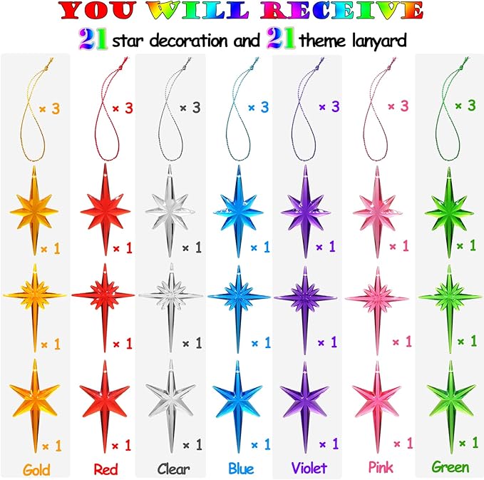21Pack Star Topper Ornaments for Replacement Ceramic Christmas Tree - 7 Colors Plastic Modern Stars Hanging Decor Accessories