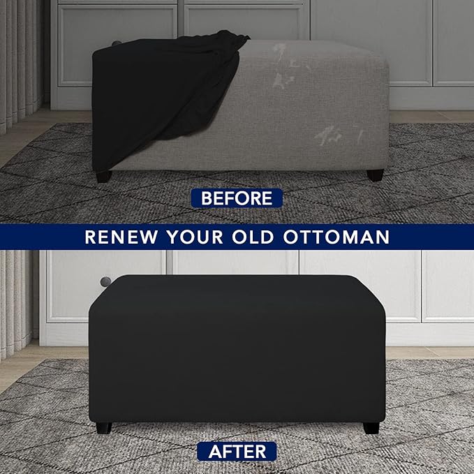 PureFit Super Stretch Soft Form Fit Ottoman Cover Rectangle - Ottoman Slipcovers for Foot Stool & Folding Storage Furniture for Living Room with Nonslip Elastic Bottom (Medium, Black)