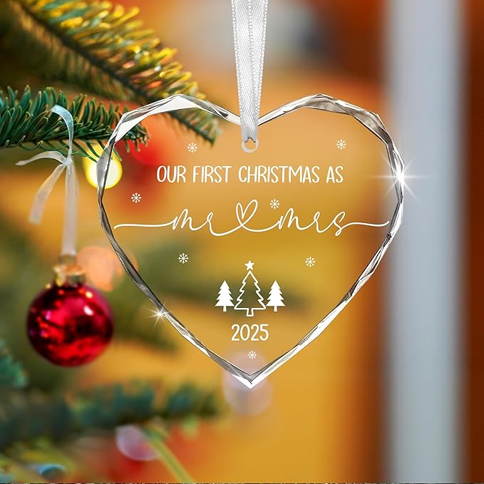 Christmas Wedding Gifts for Couples 2025 - Mr and Mrs - Bridal Shower Gifts for Newlywed Bride - Glass Christmas Birthday Ornaments 2025 with Card, First Christmas Married Ornament