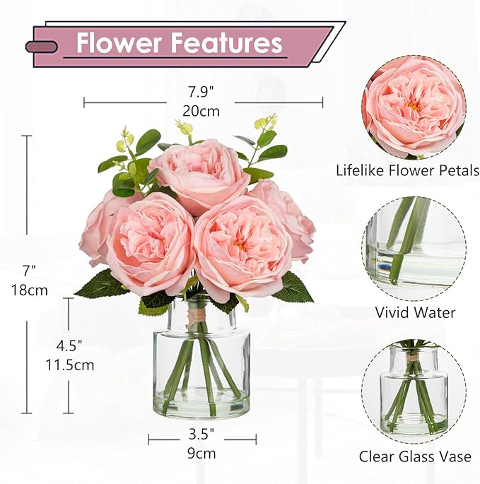 Hollyone Real Touch Peonies Artificial Flowers Arrangements in Vase Pink Fake Peonies with Glass Vase Silk David Austin Roses Faux Flowers with Faux Water Bouquet Table Floral Centerpiece Home Decor