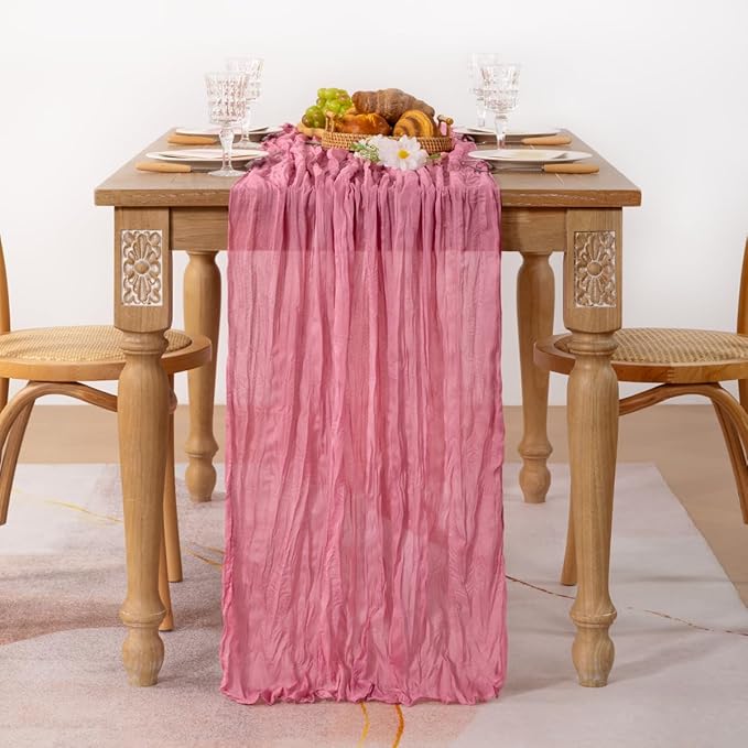 MLMC 3 Pack Mauve Pink Table Runner 10ft Sheer Gauze Spring Cheesecloth Valentines Table Runner Bulk Rustic Cheese Cloth Decor 35x120 Inches for Boho Wedding Bridal Baby Shower Birthday Party Decor