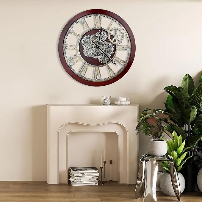 HOIBAI Large Wall Clock, 24 Inch Wall Clocks for Living Room Decor Farmhouse Vintage Rustic Kitchen Wall Decor Vintage Roman Big Oversized Wall Clock for Home Bedroom House Office, Moving Gears Clock
