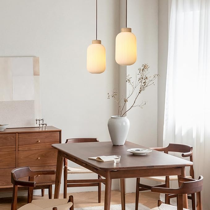 Mid Century Modern Pendant Lights Kitchen Island Large Ribbed Milk Glass Pendant Light Farmhouse Foyer Pendant Lighting Fixture White Pendant Lighting for Kitchen Island (2 Pack)