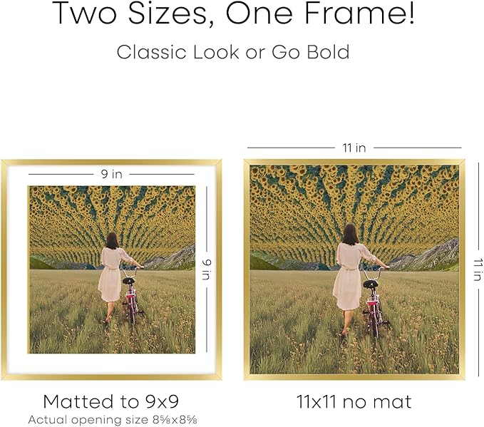 Homeforia 11x11 Picture Frame Gold, High End Metal 11 by 11 Square Frames with Mat 9 x 9 Photo, 11by11 Thin Poster Frame Matted to 9x9 inch Art, Wall Hanging Frames, Tempered Glass, Wall Kit, Set of 2