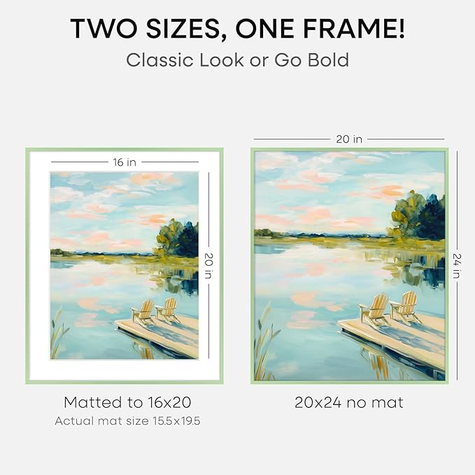 Homeforia 20x24 Frame Sage Green, High End Metal 20x24 Poster Frames with Mat 16x20 inch Photo, 20 x 24 Sage Green Picture Frame Matted to 16 by 20 Art, 24x20 Frame, Tempered Glass, Wall Kit, Set of 2