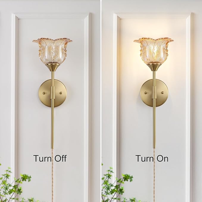 Plug in Gold Wall Sconce Set of 2 with Amber Glass Shades, Modern Mid Century Bathroom Vanity, Wall Light Fixtures, Brushed Brass Wall Lamp, for Bedroom Mirror Living Room, ETL Listed