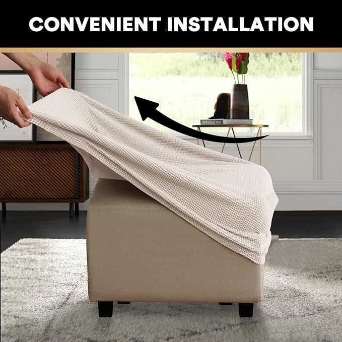 PrinceDeco Stretch Ottoman Cover Ottoman Slipcovers Square for Living Room Foot Stool Stretch Covers to Fit Ottoman Foot Rest, Thick Checked Jacquard Fabric with Elastic Bottom (Medium Size, Ivory)
