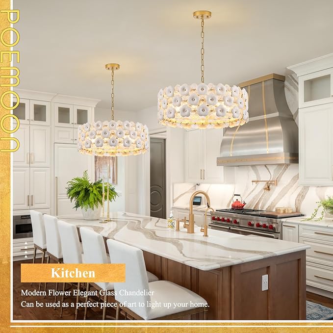 Modern 24" Flower Glass Chandelier Luxury Gold 8 Lights Ceiling Pendant Light Fixture for Living Dining Room Foyer Entryway Kitchen Bedroom, E12