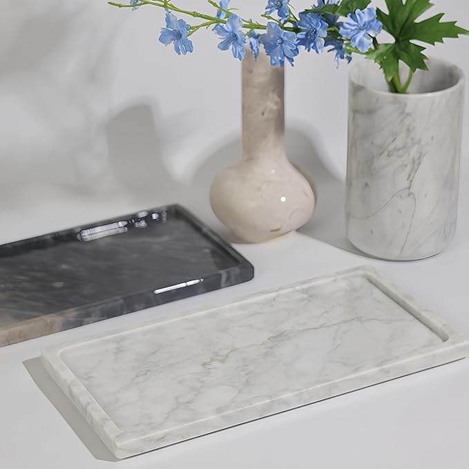 Solid Natural Marble Vanity Tray - 11.8"x5.9" Rectangular Bathroom & Dresser Organizer, Non-Resin Stone Tray for Jewelry/Perfume, Marble Trays for Decor Rectangl