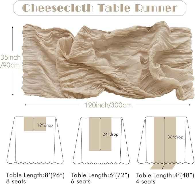 IVAPUPU 2 Pcs Cheesecloth Table Runner - 10ft Nude Boho Gauze Cheese Cloth Table Runners for Baby Shower Decoration Wedding Party Summer Garden Farmhouse