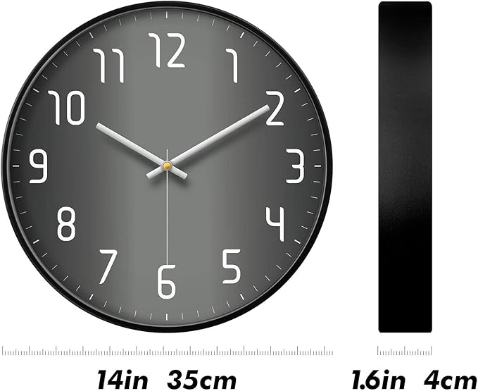 Modern Wall Clock Silent Non Ticking Cool Clocks for Wall Black&Grey Large Office Analog Small Battery Operated Wall Clock for Bedroom Kitchen Living Room Decorative Cool Unique Reloj De Pared 14inch