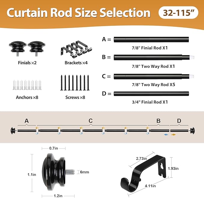 TONIAL Curtain Rod 32 to 115 Inch(2.6-9.6ft), Telescoping Splicing Drapery Rods for Windows 83 to 110 Inch(6.9-9.1ft), Decorative 3/4 Single Rod with Small Cap Finial, Black