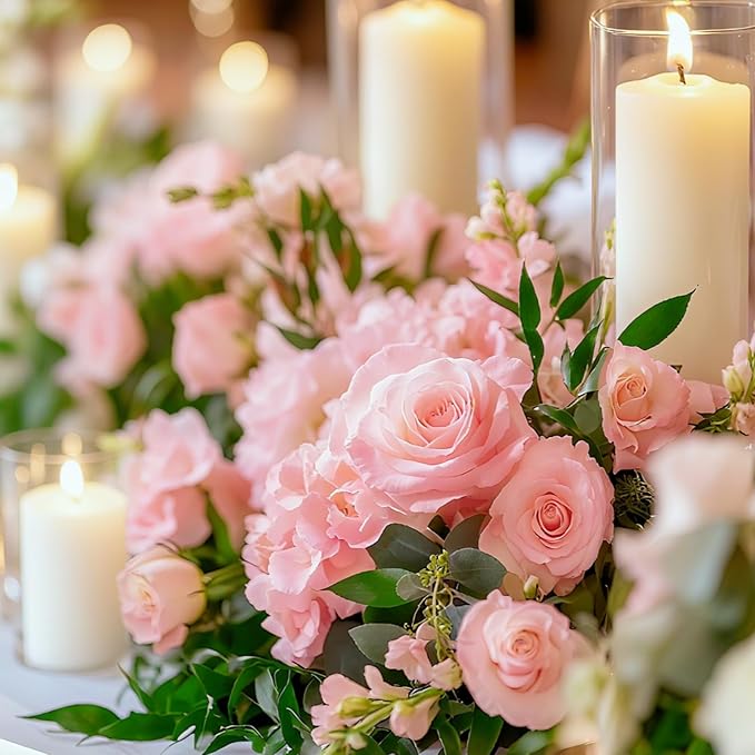24 Pcs White Pillar Candles and Glass Cylinder Vases Clear Glass Pillar Candle Holders Hurricane Glass Candle Holders for Table Centerpieces Wedding, Party, Event, Home Office