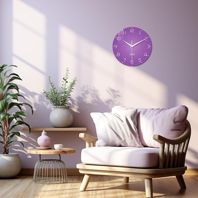 XNM Purple Wall Clock for Girls Bedroom Analog Simple Wall Clocks Battery Operated 12 Inch Round Silent Wall Clock Small