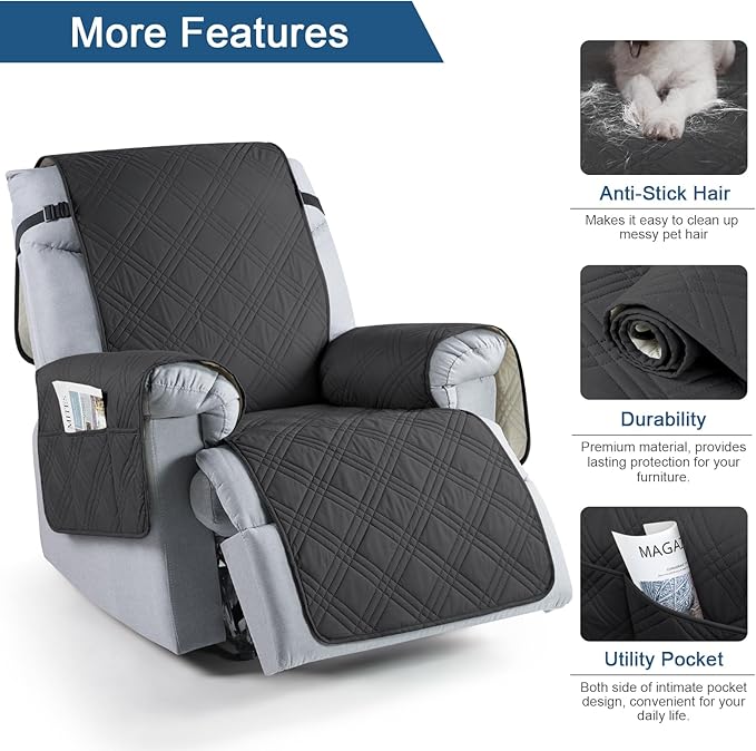 TAOCOCO 100% Waterproof Recliner Chair Cover, Recliner Cover Stay in Place for Recliner Chair with Pocket, Reclining Dog Chair Cover Furniture Protector for Kids, Pets(23.6'', Charcoal Gray)