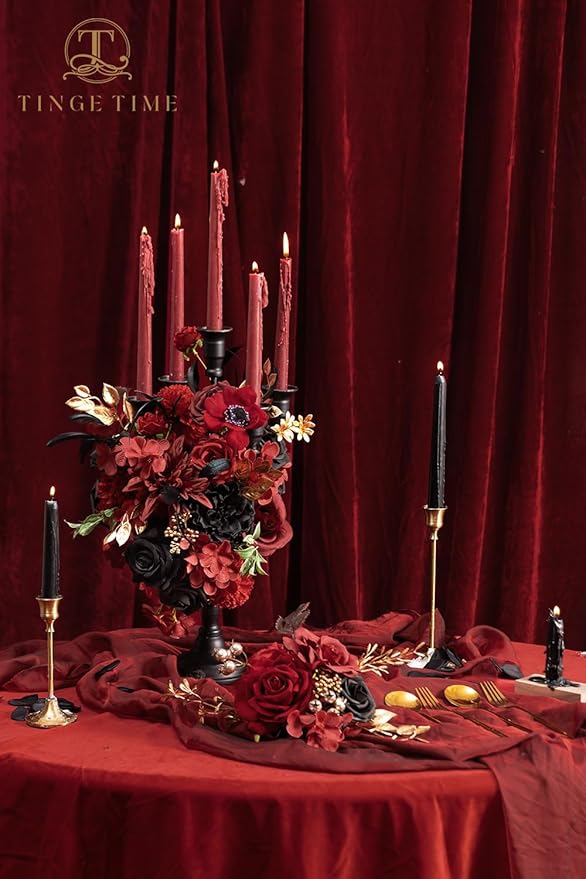 TINGE TIME Rose Artificial Flowers Combo, Fake Foam Roses with Stems for DIY Autumn Wedding Bridal Shower Decorations Party Table Centerpieces Fake Floral Arrangement Home Decor(Gothic Black and Red)