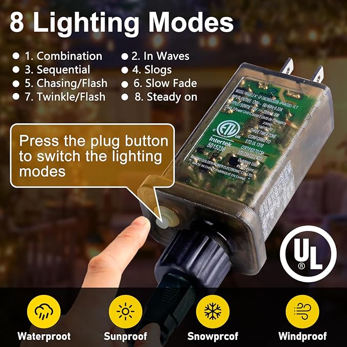 KNONEW 100FT Outdoor Christmas Fairy Lights Plug in,300 LED String Lights Outdoor Waterproof 8 Modes for Wedding Bedroom Walls Garden Trees Decoration(Warm White)