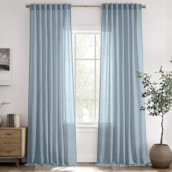 ANRODUO Extra Long Blue Linen Curtains 120 inch Length 2 Panels Stone Blue Neutral Farmhouse Living Room Drapes Light Filtering Semi Sheer Linen Drapes 120 inches Long for Floor to Ceiling Window