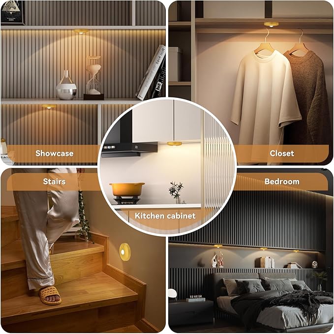 Yiliaw Rechargeable Puck Lights with Remote, 6 Pack Magnetic Under Cabinet Lighting, 1500mAh Battery Operated LED Tap Lights with Dimmer & Timmer for Kitchen, Closet, Shelf - 3 Color Temps, Gold