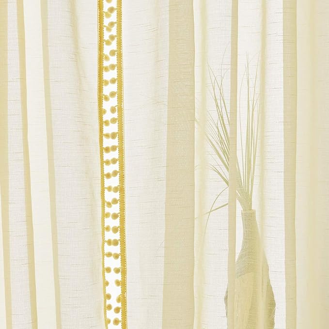 Treatmentex Pom-pom Sheer Curtains for Living Room, 84 inch Long Yellow Curtain Drapes for Kids Room 2 Panels Rod Pocket