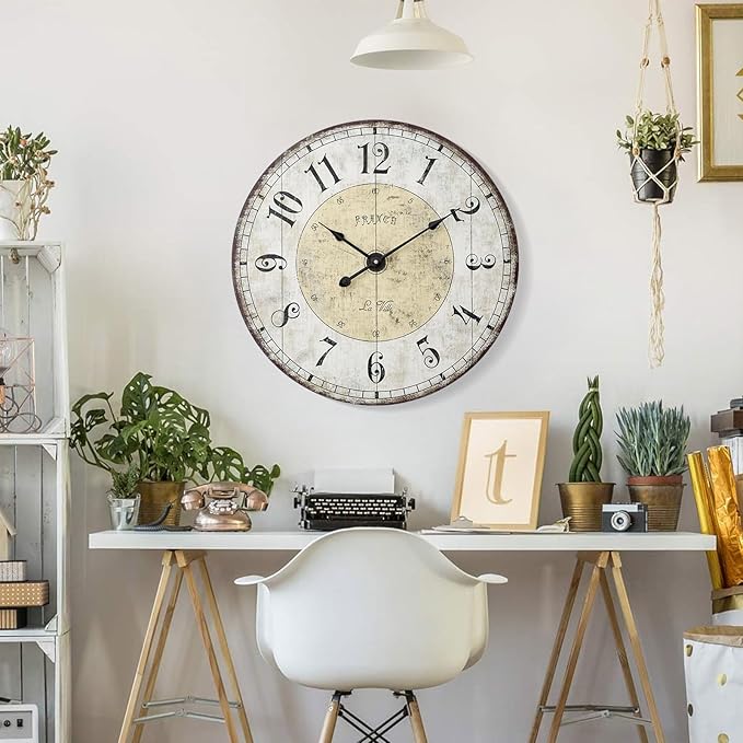 MODE HOME 24 Inch Large Wall Clock, Rustic Round Farmhouse Wall Clocks for Living Room Decor, Silent Non-Ticking Battery Operated Clock with Large Numerals, Vintage Oversized Decorative Wall Clock